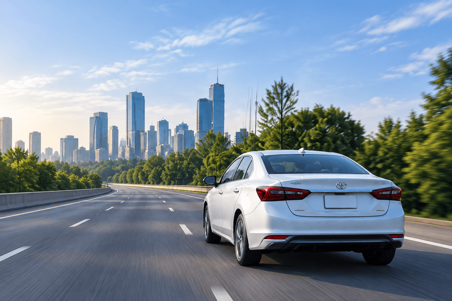 A silver sedan heading toward a city along a tree-lined road